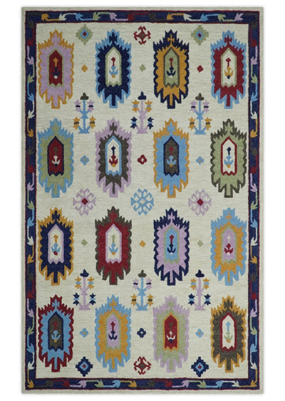 Modern Beige Colorful Motifs Style Hand Hooked Wool Area Rug - The Rug Decor