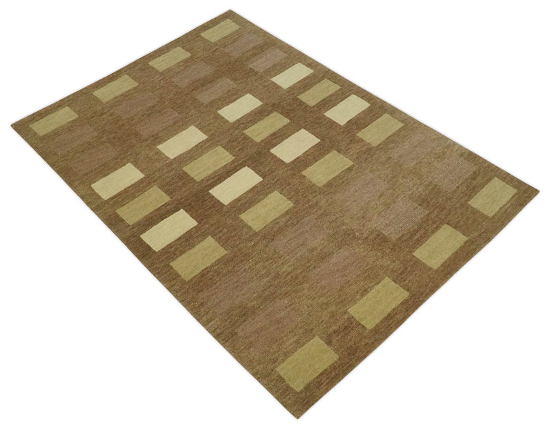 Modern Brown, Beige and Olive Geometrical Pattern Handloom 4x5.6 woo Area Rug - The Rug Decor