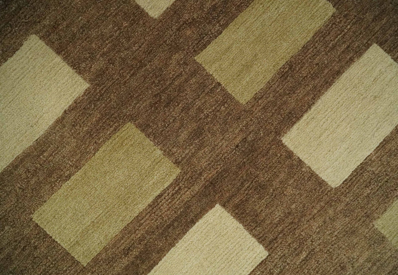 Modern Brown, Beige and Olive Geometrical Pattern Handloom 4x5.6 woo Area Rug - The Rug Decor