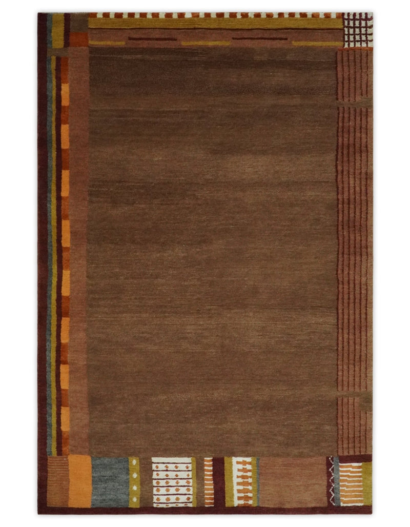 Modern Brown Geometrical Pattern Handloom 4x6 wool and Art silk Area Rug - The Rug Decor