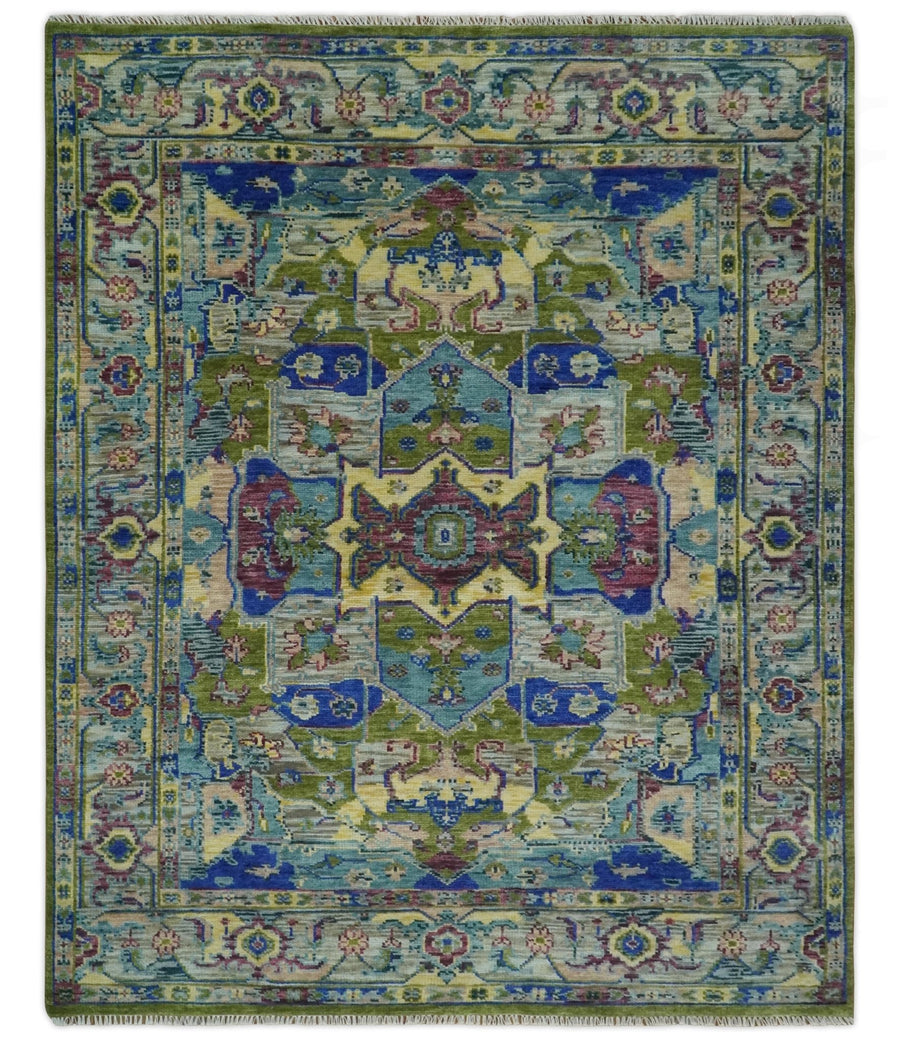 Modern Colorful 8x10 Silver, Moss Green and Blue Heriz Traditional medallion Wool Area Rug - The Rug Decor