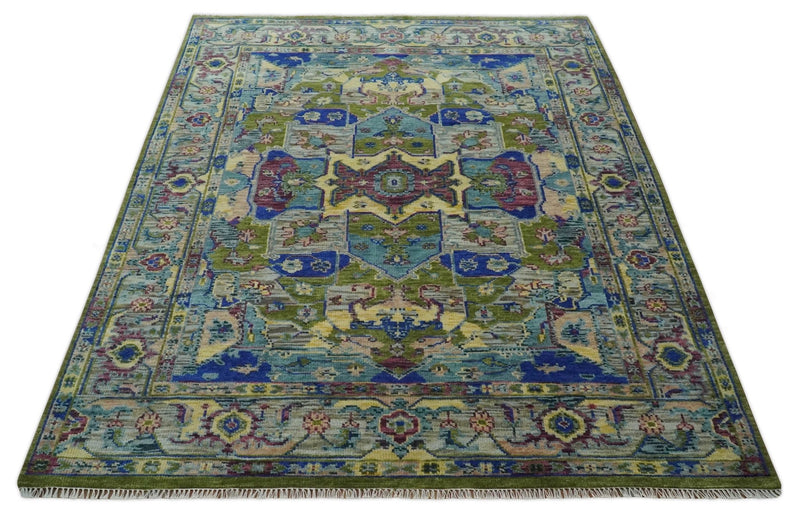 Modern Colorful 8x10 Silver, Moss Green and Blue Heriz Traditional medallion Wool Area Rug - The Rug Decor