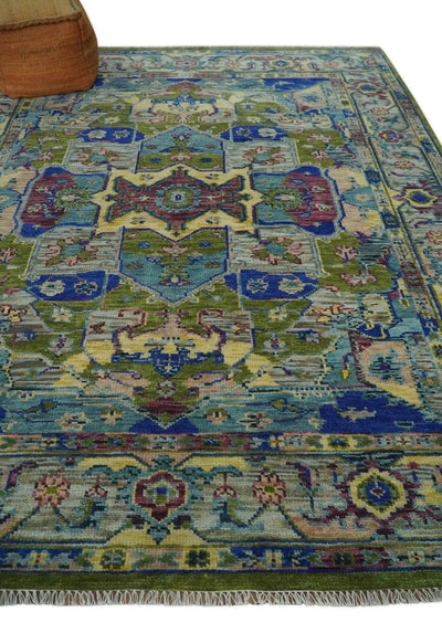 Modern Colorful 8x10 Silver, Moss Green and Blue Heriz Traditional medallion Wool Area Rug - The Rug Decor