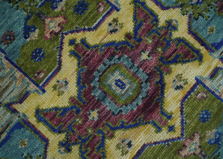 Modern Colorful Moss Green, Blue and Silver Traditional Turkish Design Heriz Wool Area Rug - The Rug Decor
