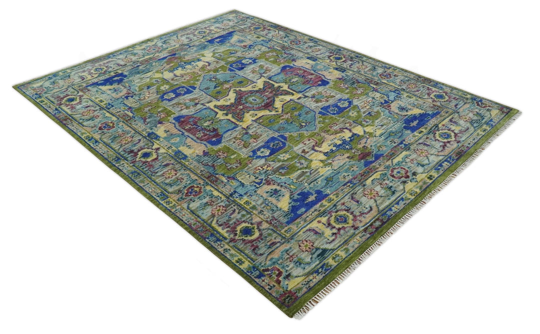 Modern Colorful Moss Green, Blue and Silver Traditional Turkish Design Heriz Wool Area Rug - The Rug Decor