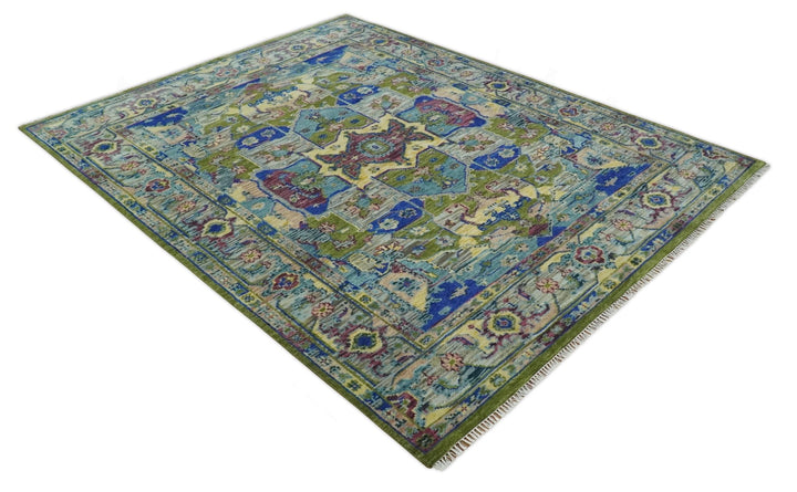 Modern Colorful Moss Green, Blue and Silver Traditional Turkish Design Heriz Wool Area Rug - The Rug Decor
