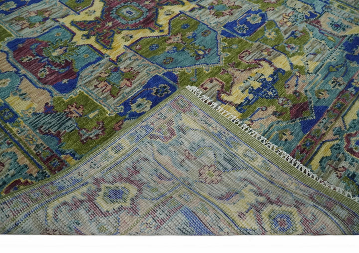 Modern Colorful Moss Green, Blue and Silver Traditional Turkish Design Heriz Wool Area Rug - The Rug Decor