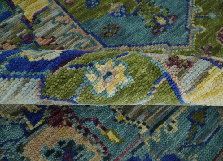 Modern Colorful Moss Green, Blue and Silver Traditional Turkish Design Heriz Wool Area Rug - The Rug Decor