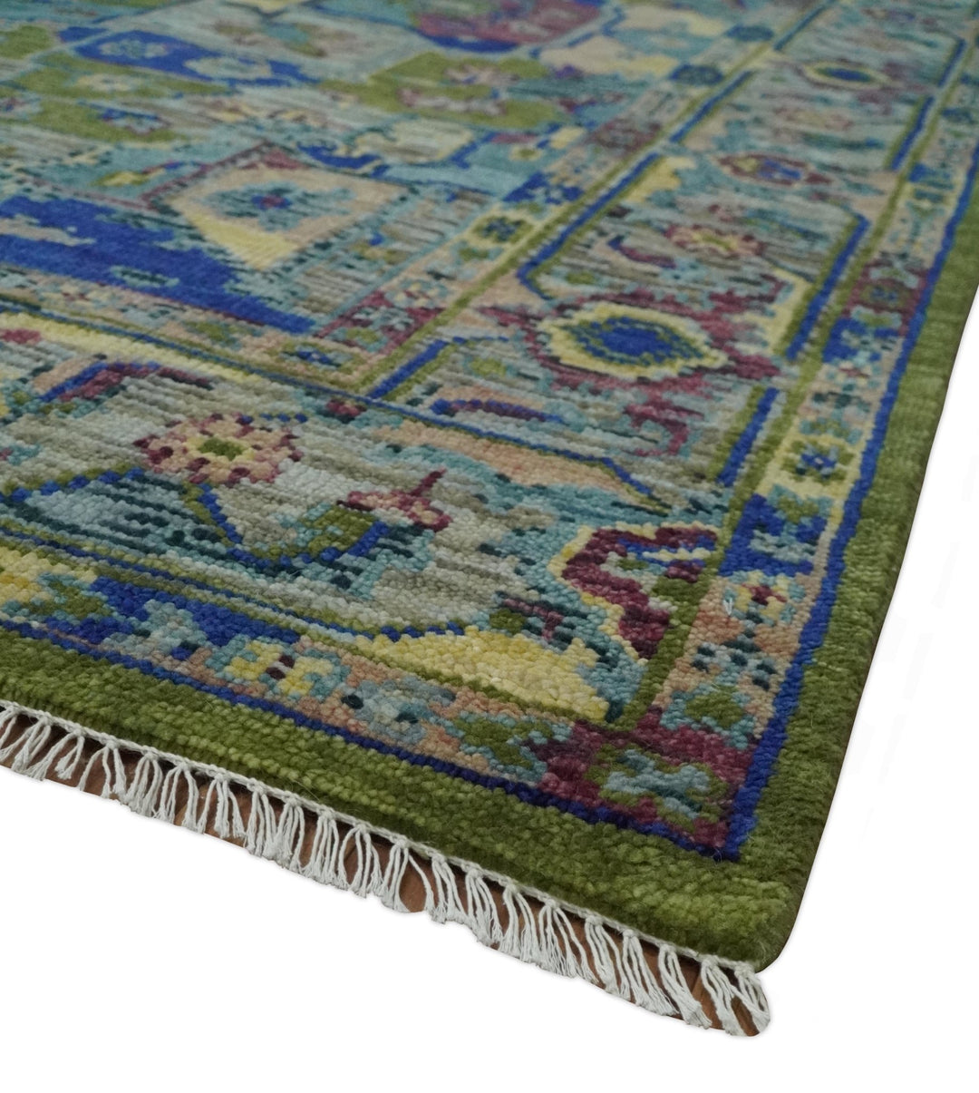 Modern Colorful Moss Green, Blue and Silver Traditional Turkish Design Heriz Wool Area Rug - The Rug Decor