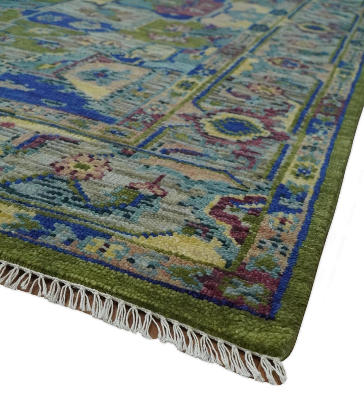 Modern Colorful Moss Green, Blue and Silver Traditional Turkish Design Heriz Wool Area Rug - The Rug Decor