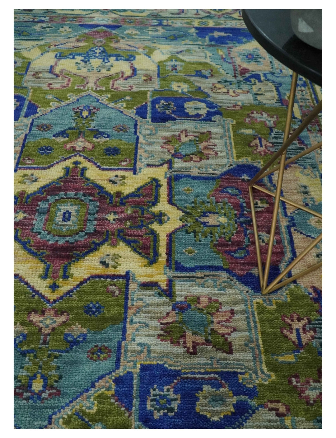 Modern Colorful Moss Green, Blue and Silver Traditional Turkish Design Heriz Wool Area Rug - The Rug Decor