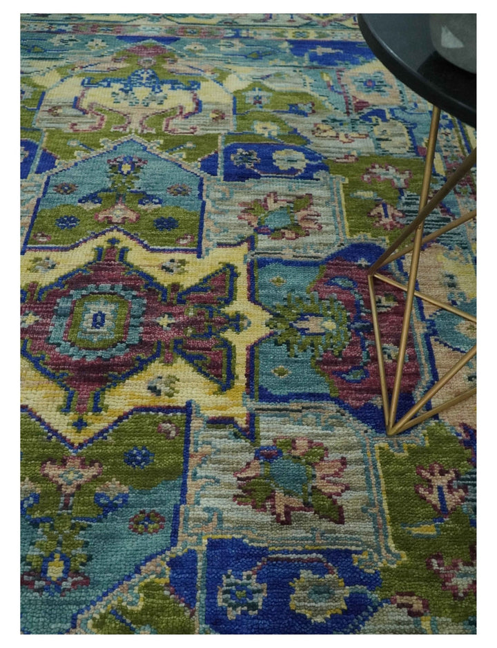 Modern Colorful Moss Green, Blue and Silver Traditional Turkish Design Heriz Wool Area Rug - The Rug Decor