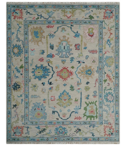 Modern Colorful Oushak Ivory and Aqua Hand Knotted 8x10, 9x12 Wool Rug, Living Room Rug | TRD2795 - The Rug Decor