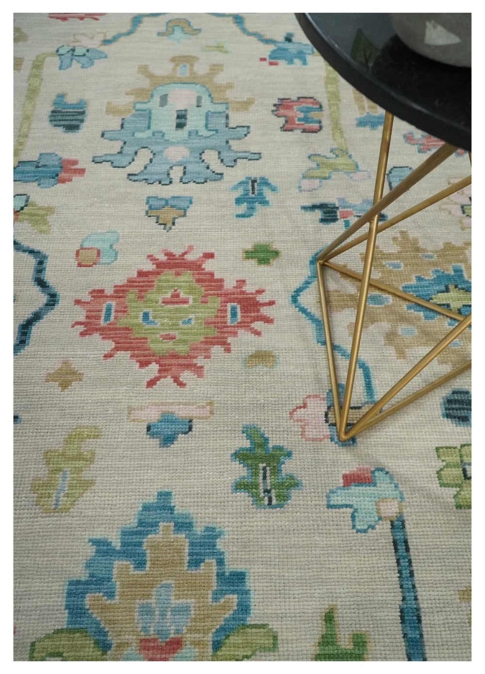 Modern Colorful Oushak Ivory and Aqua Hand Knotted 8x10, 9x12 Wool Rug, Living Room Rug | TRD2795 - The Rug Decor