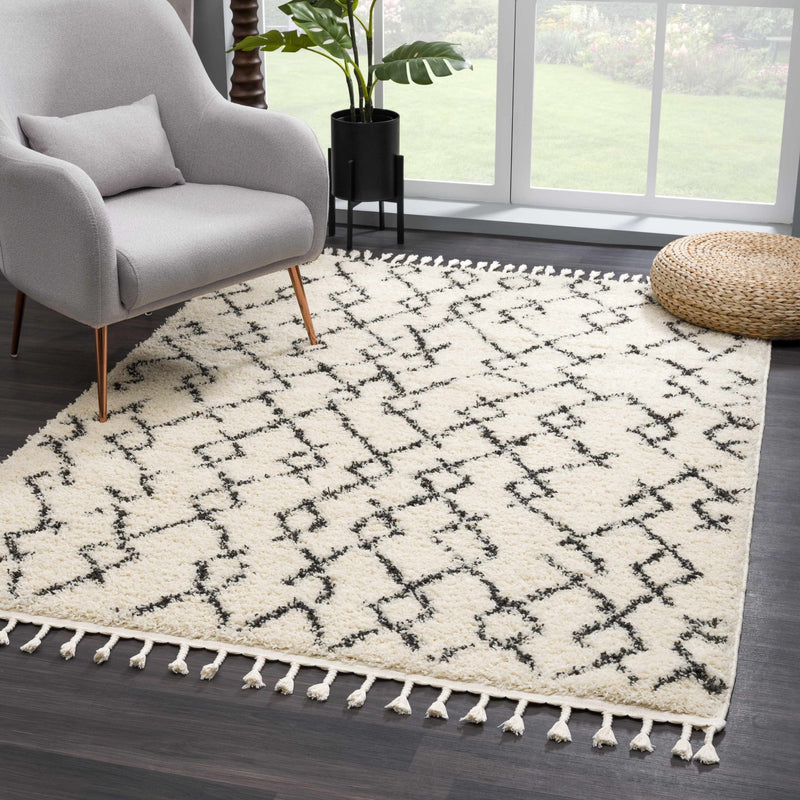 Modern Contemporary Beige and Charcoal Tribal Trellis Plush Pile Area Rug - The Rug Decor