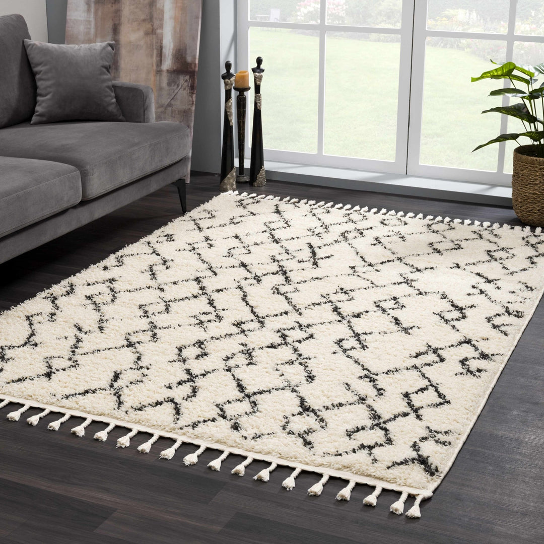 Modern Contemporary Beige and Charcoal Tribal Trellis Plush Pile Area Rug - The Rug Decor