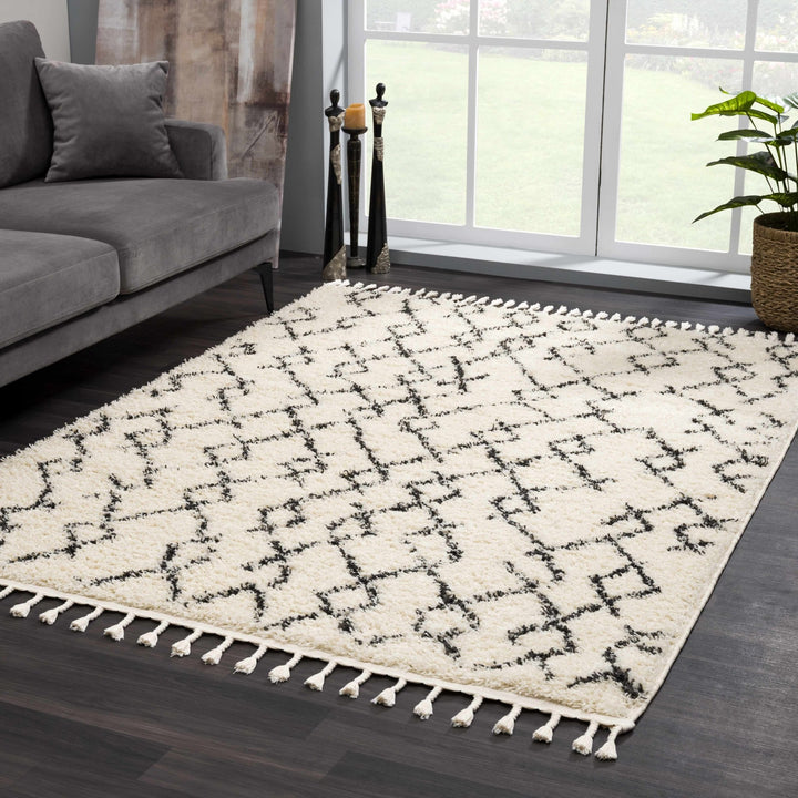 Modern Contemporary Beige and Charcoal Tribal Trellis Plush Pile Area Rug - The Rug Decor