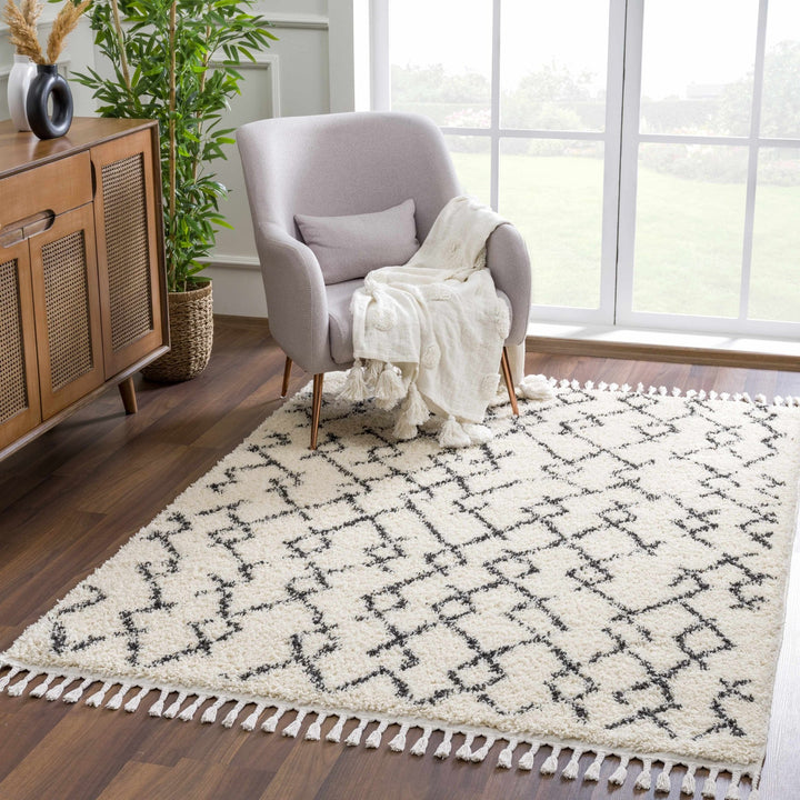 Modern Contemporary Beige and Charcoal Tribal Trellis Plush Pile Area Rug - The Rug Decor