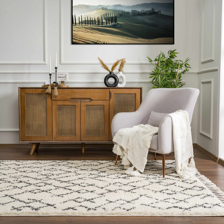 Modern Contemporary Beige and Charcoal Tribal Trellis Plush Pile Area Rug - The Rug Decor