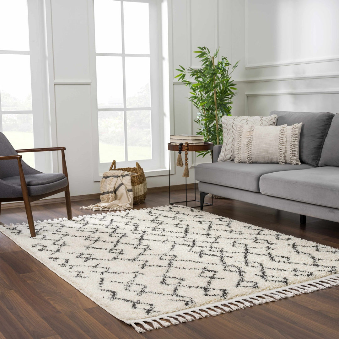Modern Contemporary Beige and Charcoal Tribal Trellis Plush Pile Area Rug - The Rug Decor