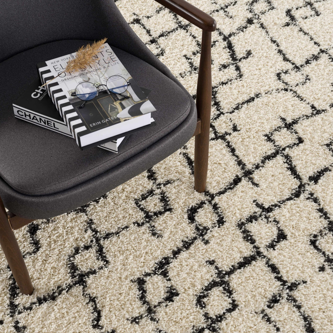 Modern Contemporary Beige and Charcoal Tribal Trellis Plush Pile Area Rug - The Rug Decor