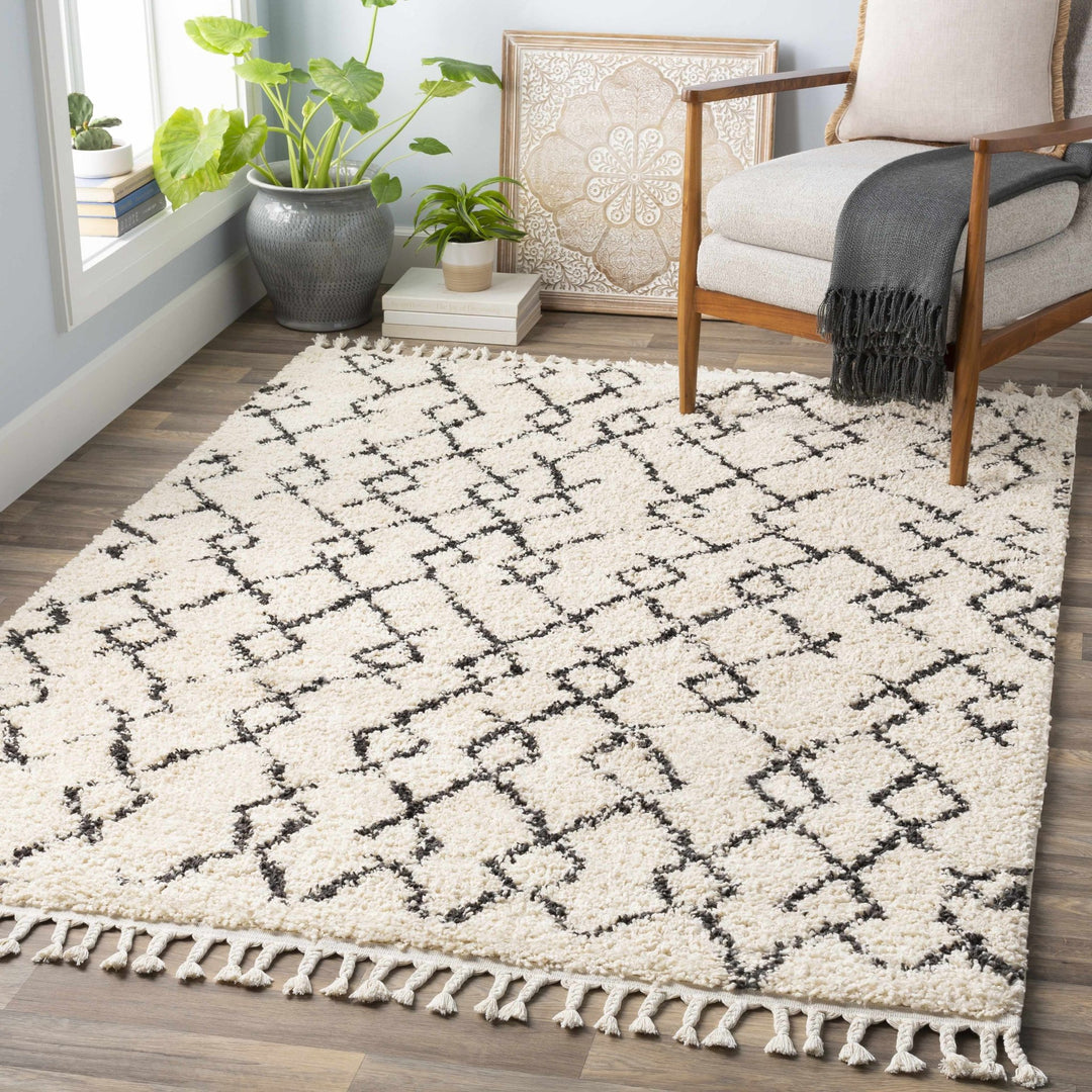 Modern Contemporary Beige and Charcoal Tribal Trellis Plush Pile Area Rug - The Rug Decor