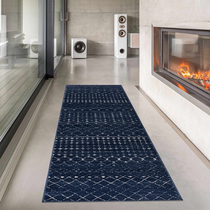 Modern Contemporary Navy and Ivory Low pile Multi size Area Rug - The Rug Decor