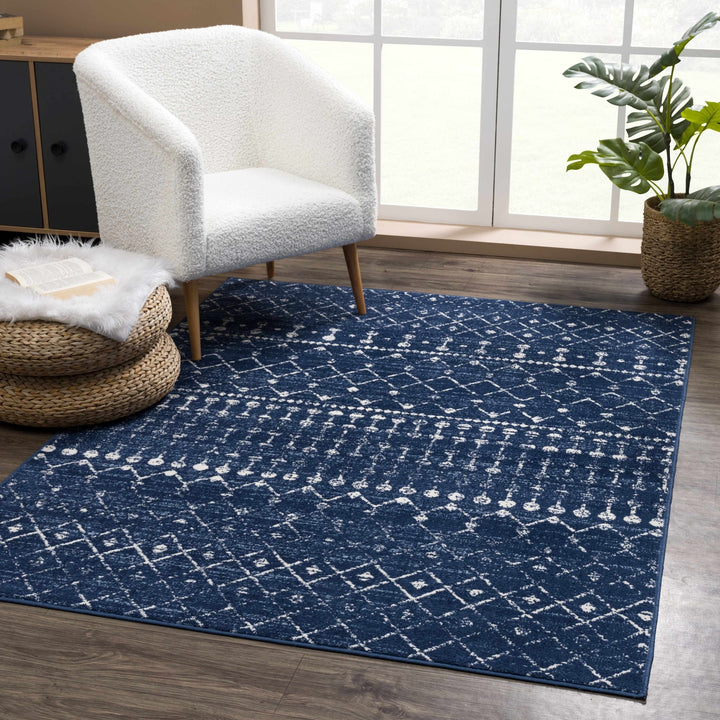 Modern Contemporary Navy and Ivory Low pile Multi size Area Rug - The Rug Decor