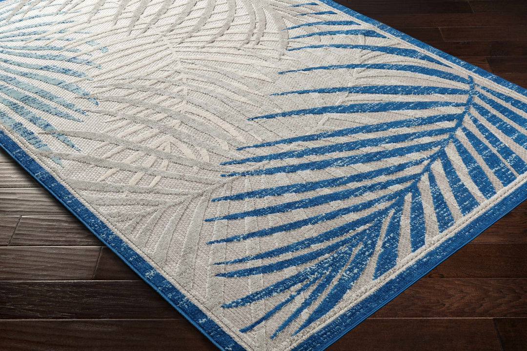 Modern Design Blue, Ivory and Gray Leaf Pattern Low Pile Outdoor Area Rug - The Rug Decor