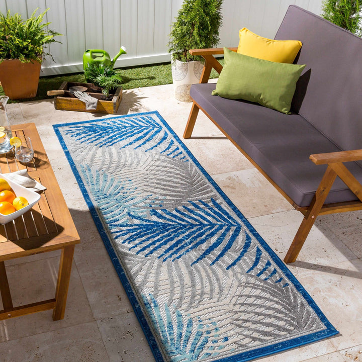 Modern Design Blue, Ivory and Gray Leaf Pattern Low Pile Outdoor Area Rug - The Rug Decor