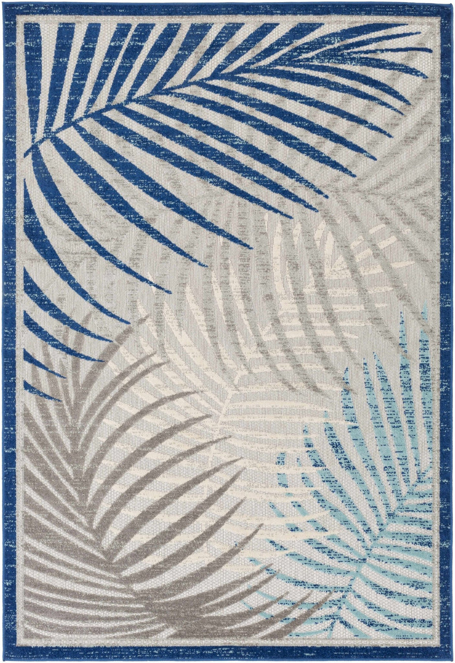 Modern Design Blue, Ivory and Gray Leaf Pattern Low Pile Outdoor Area Rug - The Rug Decor