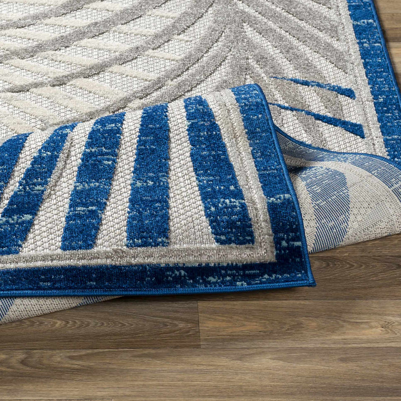 Modern Design Blue, Ivory and Gray Leaf Pattern Low Pile Outdoor Area Rug - The Rug Decor