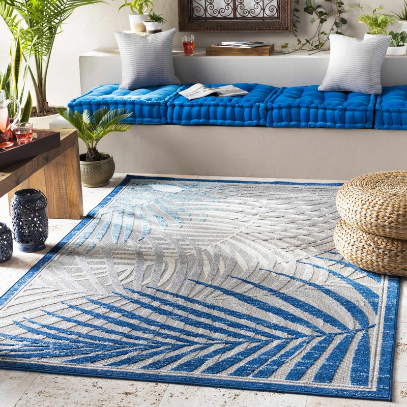 Modern Design Blue, Ivory and Gray Leaf Pattern Low Pile Outdoor Area Rug - The Rug Decor