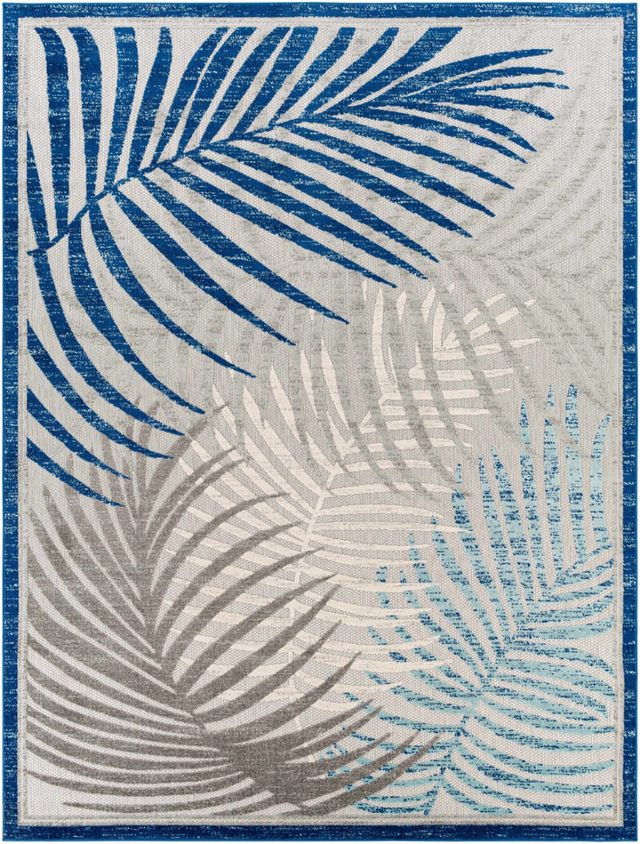 Modern Design Blue, Ivory and Gray Leaf Pattern Low Pile Outdoor Area Rug - The Rug Decor