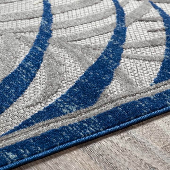 Modern Design Blue, Ivory and Gray Leaf Pattern Low Pile Outdoor Area Rug - The Rug Decor