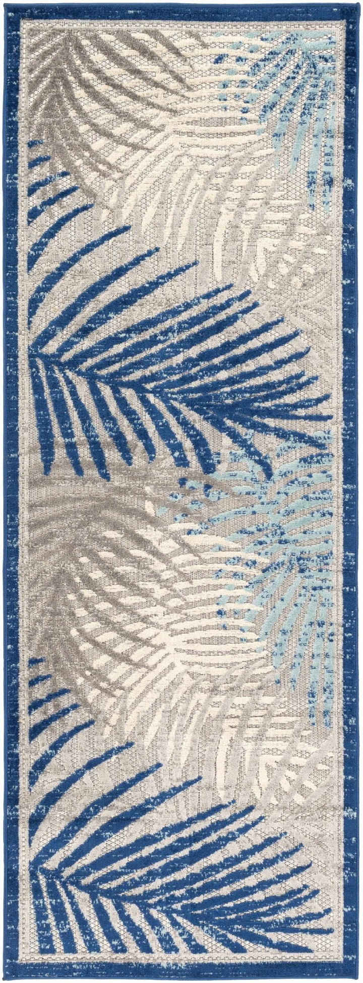 Modern Design Blue, Ivory and Gray Leaf Pattern Low Pile Outdoor Area Rug - The Rug Decor