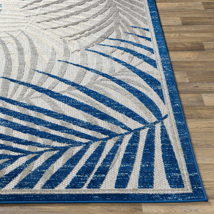 Modern Design Blue, Ivory and Gray Leaf Pattern Low Pile Outdoor Area Rug - The Rug Decor