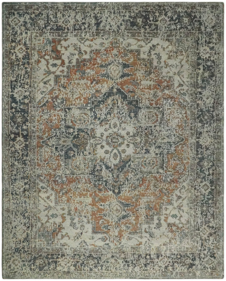 Modern Erased Heriz Hand Knotted 8x10 Rust and Silver Persian Area Rug | TRD2399 - The Rug Decor