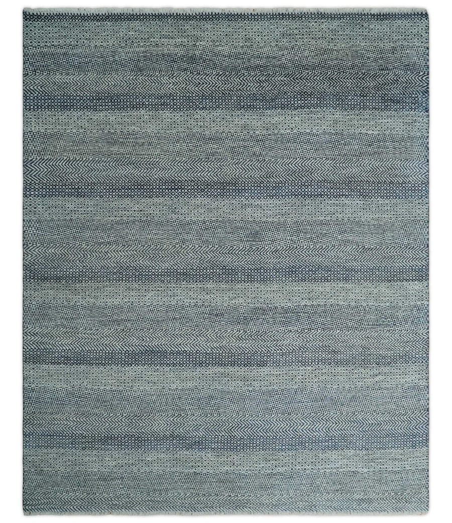 Modern Flatwoven 8x10 Tribal Blue, Ivory and Gray Wool Area Rug | TRDCP938810 - The Rug Decor