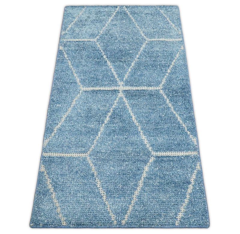 Modern Geometric 2x4 Beige and Blue Hand Knotted Entryway Silk Area Rug | TRD312024 - The Rug Decor