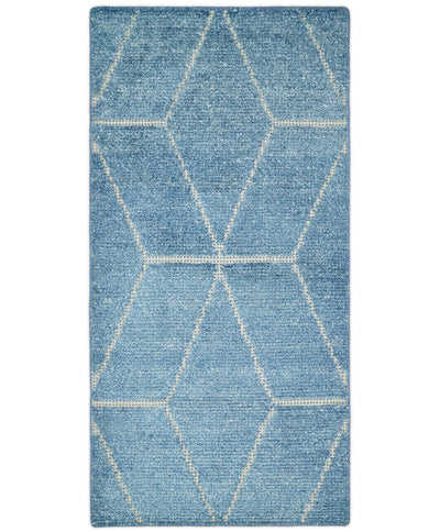 Modern Geometric 2x4 Beige and Blue Hand Knotted Entryway Silk Area Rug | TRD312024 - The Rug Decor