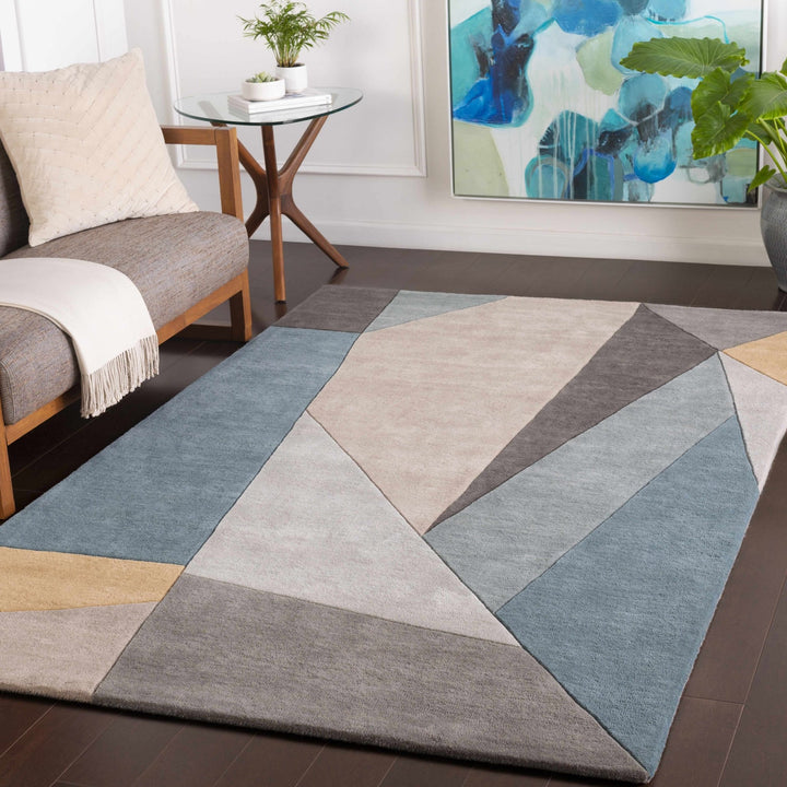 Modern Geometric Blue, Gray, Black, Charcoal and Beige Hand Tufted Wool Area Rug - The Rug Decor
