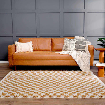 Modern Geometric checkered Plush Ivory Brown, White wool Area Rug - The Rug Decor