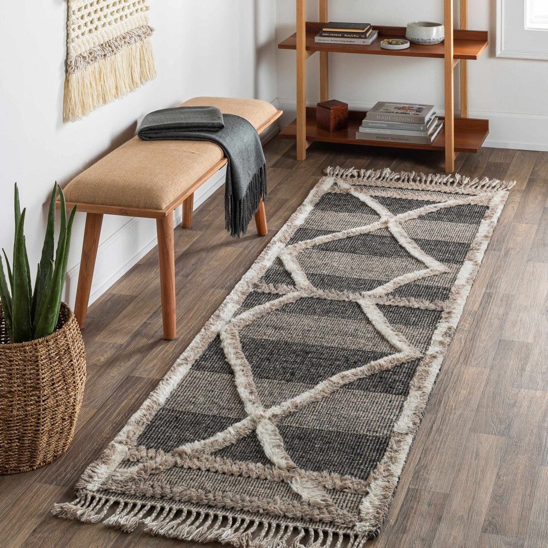 Modern Geometric Hand knotted Ivory, Charcoal and Beige Texture Wool Area Rug - The Rug Decor