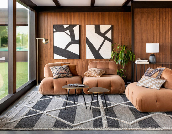 Modern Geometric Hand knotted Ivory, Charcoal and Beige Texture Wool Area Rug - The Rug Decor