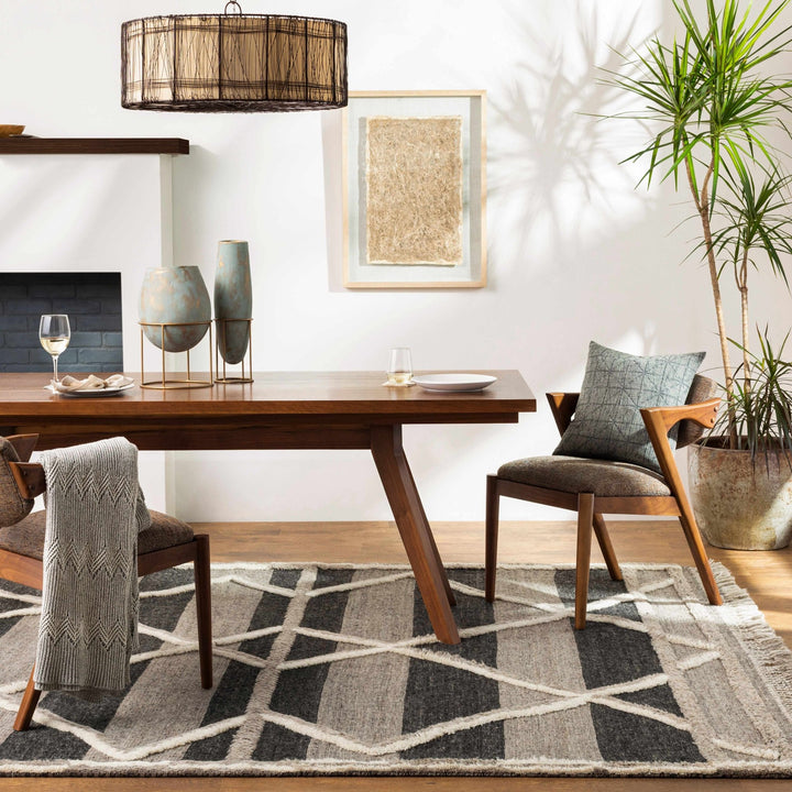 Modern Geometric Hand knotted Ivory, Charcoal and Beige Texture Wool Area Rug - The Rug Decor