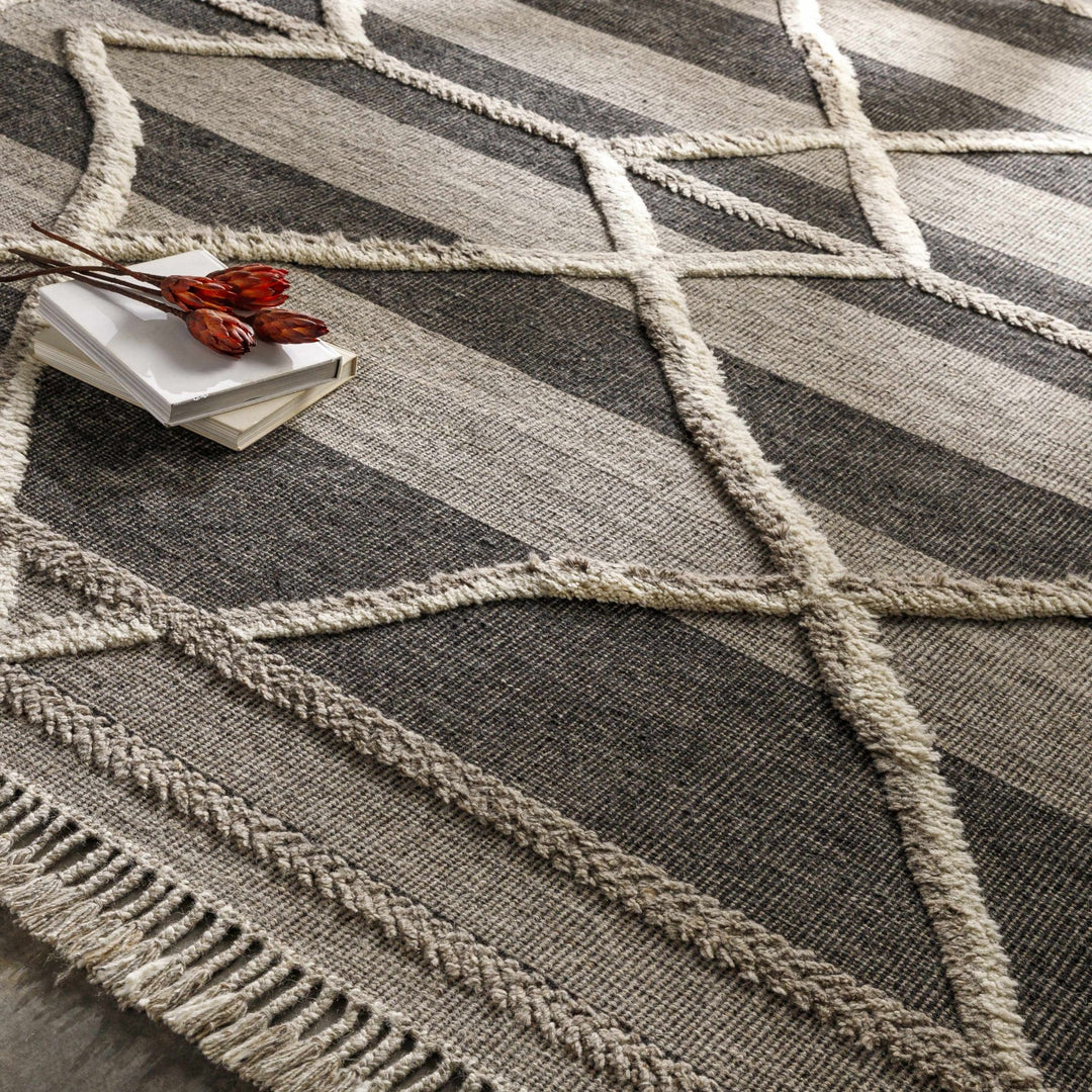 Modern Geometric Hand knotted Ivory, Charcoal and Beige Texture Wool Area Rug - The Rug Decor