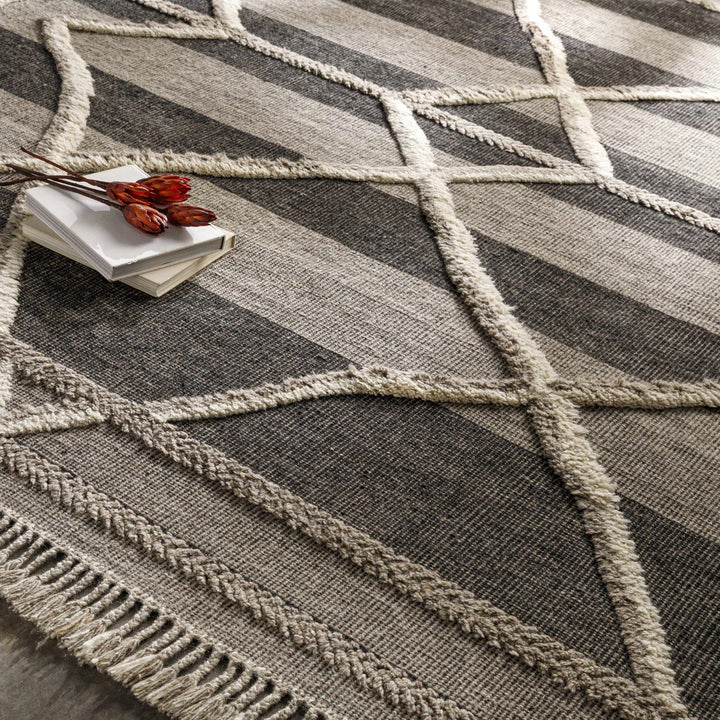 Modern Geometric Hand knotted Ivory, Charcoal and Beige Texture Wool Area Rug - The Rug Decor