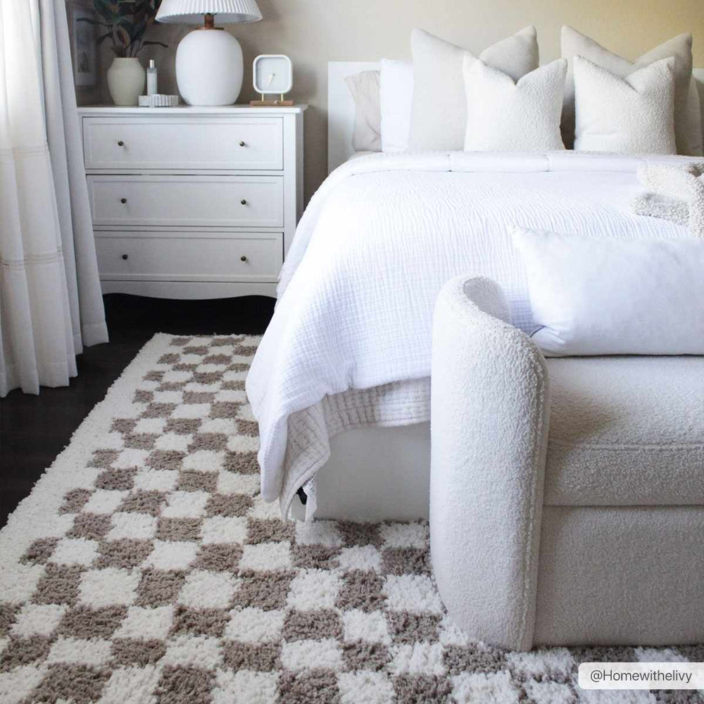Modern Geometric Light brown and white Machine woven Plush wool area rug - The Rug Decor