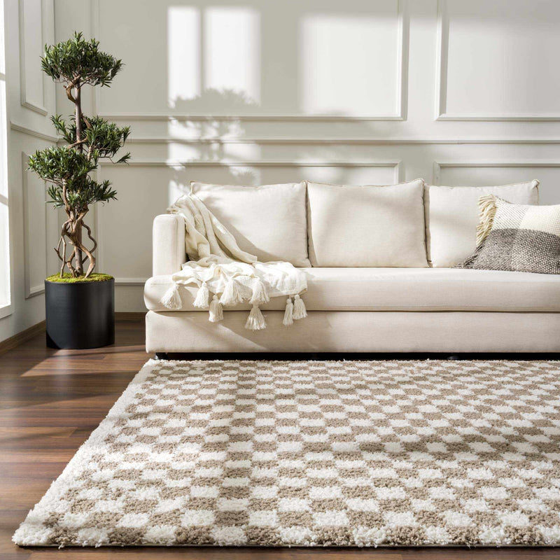 Modern Geometric Light brown and white Machine woven Plush wool area rug - The Rug Decor